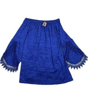 Womens Royal Blue‎ Lace Sleeve Tunic Romantic Off Shoulder Knit Size 2X-3X NWT